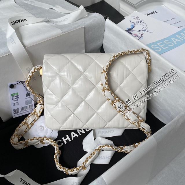 Chanel專櫃新款寬肩帶黑金褶皺牛皮鏈條女包 香奈兒23K牛皮寬肩帶單肩包AS4423 djc6184